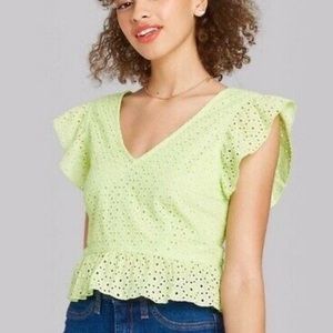 WILD FABLE Peplum Green Perforated Eyelet Top